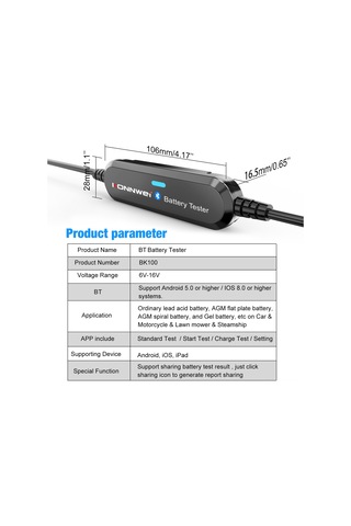 Symbee Konnweı Bk100 Akıllı Araç Akü Test Cihazı: 6v-16v, Bluetooth, 13 Dil, İç Direnç Ve Şarj Testi