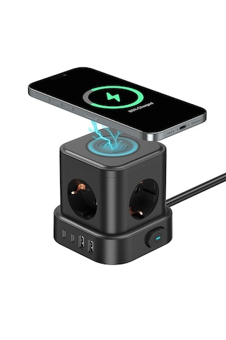 4'lü Priz Küp Çoklayıcı 2 Usb 2 Type-c 5w Kablosuz Şarjlı 2 Metre Kablolu Akım Korumalı Priz 1 - 3 M