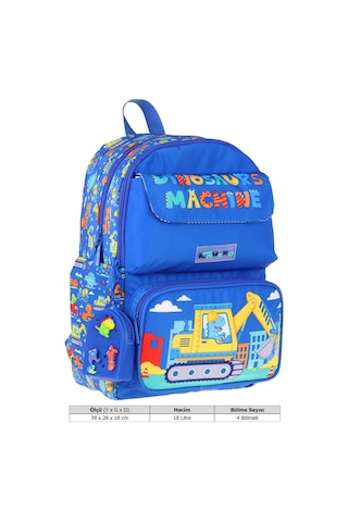 Kaukko Kids Erkek Çocuk Dinazor Ve İş Makinesi Baskılı Okul Çantası - Mavi - Sarı - Mechanic - L5369 Çok Renkli