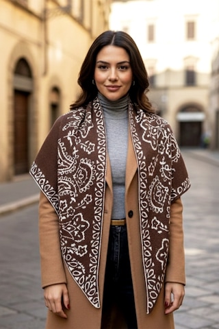 Remsa Kaşmir Örgü Desenli Üçgen Omuz Şalı 70x155 Cm 1301 Kahverengi Kahverengi
