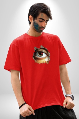 Duvardan Biri Bizi Gözetliyor Pamuklu Bisiklet Yaka Unisex Oversize Boyfriend Dijital Baskılı Kırmızı T-shirt Kırmızı