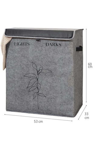 Deri Detaylı 2 Gözlü Çamaşır Sepeti, 53 X 33 X 60 Cm, 105 Litre Gri