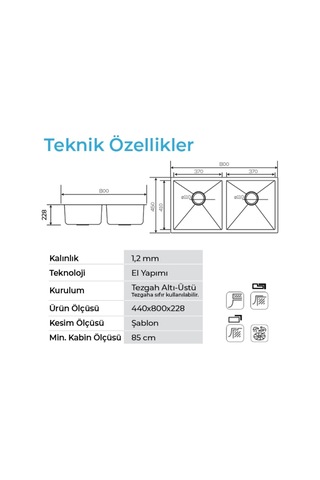 Crauf Stella 4580 Pvd Inox 2 Gözlü Paslanmaz Çelik Mutfak Eviyesi Inox