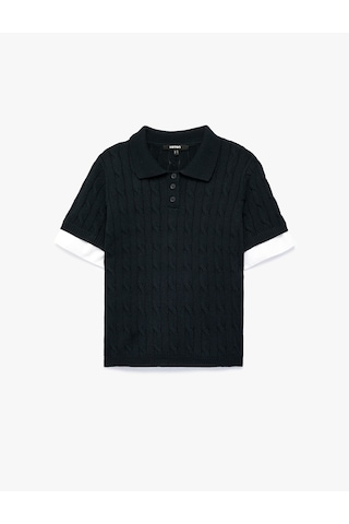 Koton Regular Fit Renk Kontrastı Kısa Kollu Polo Yaka Saç Örgü Kazak Lacivert 7wak90600ht