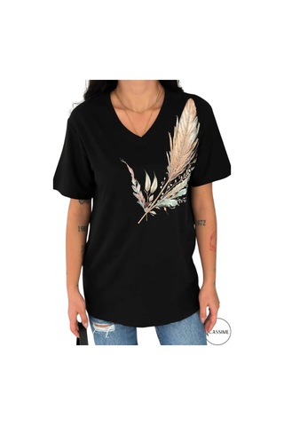 Cassime Kadın Büyük Beden Omzu Yaprak Pul Payet Nakışlı Tişört Xl-2xl-3xl Siyah