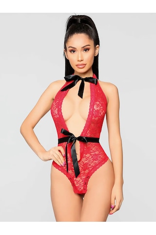 Kırmızı Dantelli Siyah Fiyonklu Halter Yaka Fantezi Body Tek Parça Kırmızı - Siyah