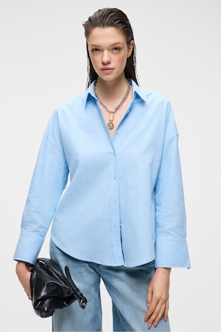 VESTA Kadın %100 Pamuk Keten Görünümlü Flamlı Oversize Mavi Gömlek