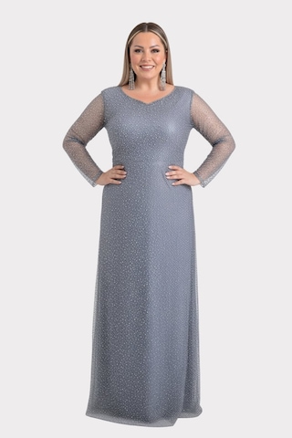 Lilas Xxl Kadın Büyük Beden Kalp Yaka Uzun Kollu Abiye Elbise 9471 Gri Gri