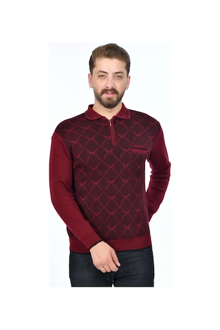 Kamalı Erkek Çelik Örgü Gömlek Yaka Cepli Fermuarlı Polo Yakalı Tüylenmeyen Triko Kışlık Baba Kazak Bordo