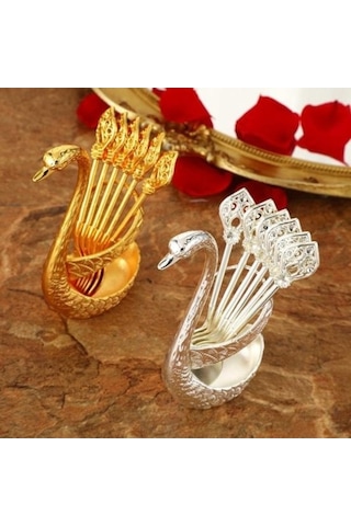 Novahub Altın Kuğu Şekilli Çatal Kaşık Seti - Paslanmaz Korozyona Dirençli Cilalı Yüzey - Depolama Tutucu İle Altın