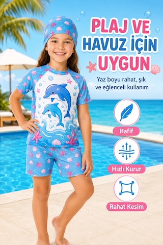 Rony Pony Kids Kız Çocuk Yunus Desenli 3 Lü Plaj Takımı Şortlu Mayo Seti Bone Dahil Mavi Beyaz