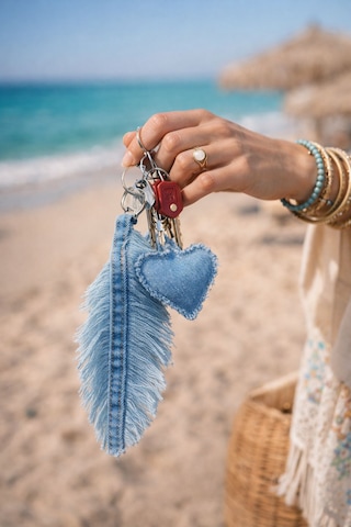 El İşçiliği Kalp Yaprak Detaylı Denim Çanta Charm Mavi