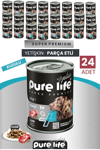 Purelife Plus 24'li Kuzulu Yetişkin Konserve Chunk Parça Etli Yaş Mama 400 G