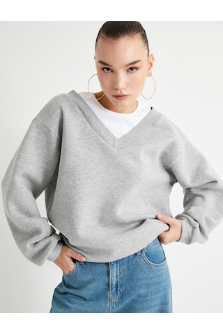 Koton Rahat Kalıp Atlet Detaylı Uzun Kollu Bisiklet Yaka Şardonlu Sweatshirt Gri Melanj 7wal10050ık