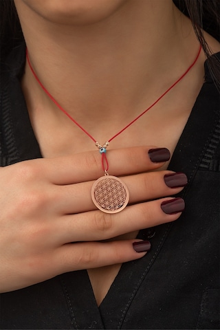Papatya Silver Kırmızı İpli Yaşam Çiçeği Kolye - Nazarlı ve Dorica Toplu Rose Gold Kaplama 925 Ayar Gümüş Kolye - UVPS100242