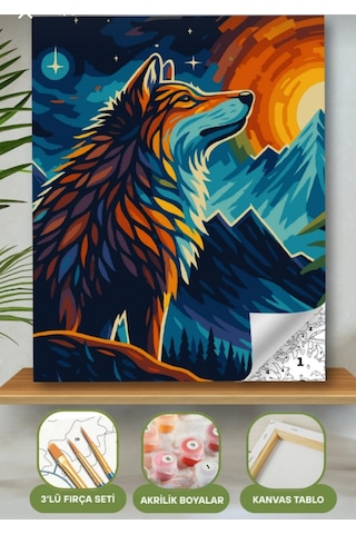 Denic Sayılarla Boyama Seti 40x50 Cm (Çıtalı) Fırça Boya Dahil Numaralı Tuval Kurt