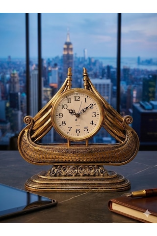 Büyük Boy Vintage Gemi Tasarımlı Dekoratif Masa Saati Antik Gold Koleksiyonluk Klasik Saat 28 Cm