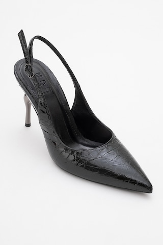 Luvishoes Luvi Shoes Chica Siyah Desenli Arkası Açık Sivri Burun Kadın Topuklu Ayakkabı Siyah Yılan Siyah