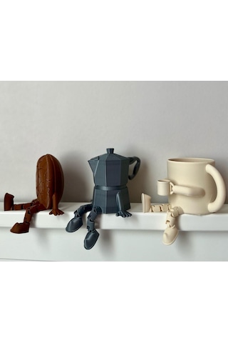 3dprototürk Kahve Köşesi Sevimli Biblo Seti 3lü, Kahve Çekirdeği, Bej Kahve Kupası, Moka Pot, Coffee Set 8cm