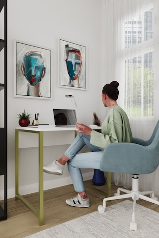 Selin Metal Ayaklı Çalışma Masası Beyaz Suntalam, Gold Ayak, Modern Ofis & Ev Masası Altın - Beyaz
