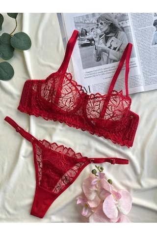 Noateks Kırmızı Yaprak Desenli Transparan Tül Ve Dantel Detaylı Bralet Takım Kırmızı