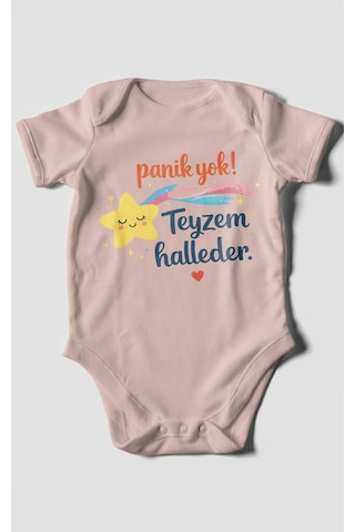 Morivokids Panik Yok Teyzem Halleder Kısa Kollu Bebek Body %100 Pamuk Pastel Pembe