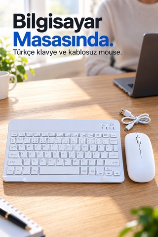 Beyaz Klavye Mouse Seti Usb Alıcılı Kablosuz Bağlantı