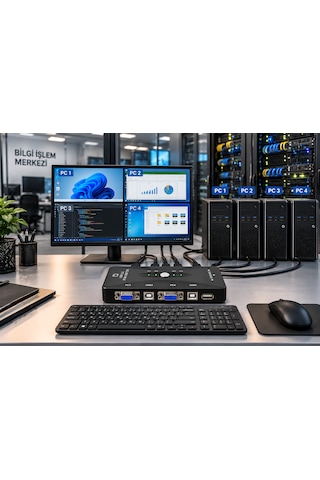 4 Port Usb Kvm Switch 4 Pc Tek Monitör Klavye Mouse Paylaştırıcı Vga Bağlantılı Usb 2.0 Bilgisayar Kontrol Cihazı