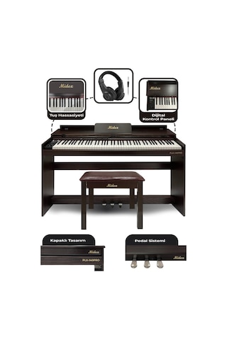 Midex PLX-140 PRO-SR Dijital Piyano Bluetooth Tuş Hassasiyeti 88 Tuşlu Kapaklı + Kulaklık + Tabure)