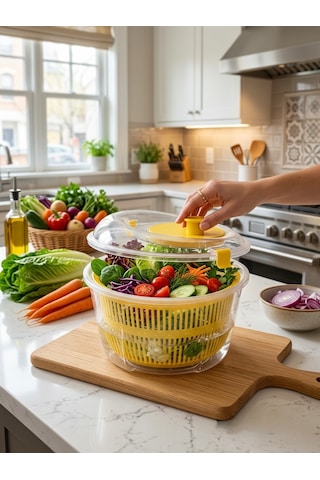 House & More 4.4 Litre Büyük Boy Sebze Meyve Kurutucu Süzgeçli Salata Dönencesi 3 Renk Sarı