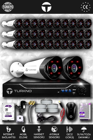 Turkno 32 Kameralı Galia 32 Dış Kamera Set 2 TB HDD Full HD Gece Görüşlü Güvenlik Kamerası Sistemi