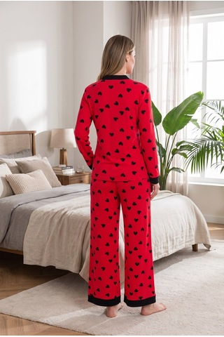 Findit Şık Tasarım Kalp Desenli Geniş Paçalı Yumuşak Dokulu Viskon Kumaş Düğmeli 2'li Pijama Takımı Kırmızı