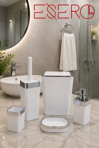Dante 340 Krom Beyaz 5'li Lüks Banyo Aksesuar Seti Beyaz Krom Çöp Kovası Wc Fırçalık Sıvı Sabunluk Sabunluk Diş Fırçalık Modern Banyo Seti