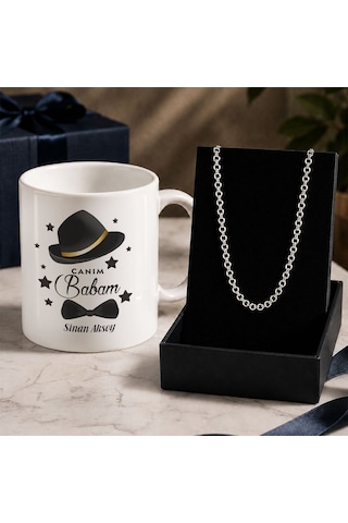 Bk Gift Kişiye Özel Babalar Günü Tasarımlı Beyaz Kupa & Rolo Zincir Kolye -4, Babalar Günü Hediyesi Gümüş