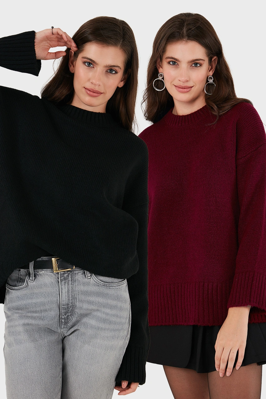 Lela Regular Fit Bisiklet Yaka Basic 2'Li Paket Triko Bayan Kazak 4616213S2 Bordo-Siyah