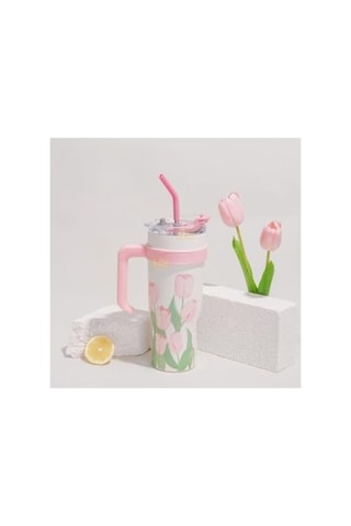 1200ml Pembe Lale Desenli Paslanmaz Çelik Termos