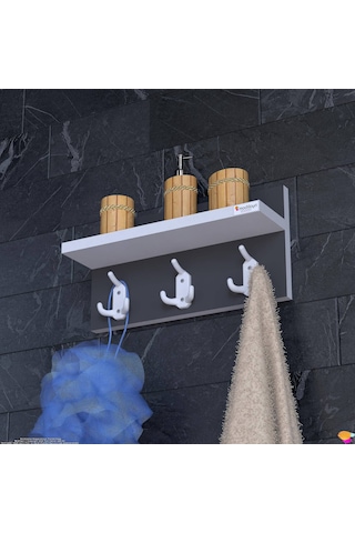Modilayn Kedi Serisi 3 Lü Banyo Askısı Seti: 31,4x18 Cm, 9 Kancalı Raflı Düzenleyici, Yer Tasarrufu. Beyaz