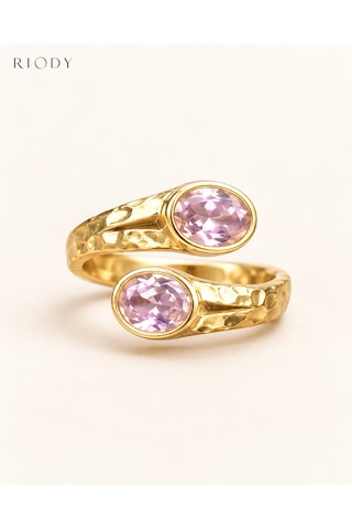 Riody Regard Rosé Gold Kaplama Pembe Kedi Gözü Taşlı Ayarlanabilir Açık Kadın Yüzük Altın Sarısı