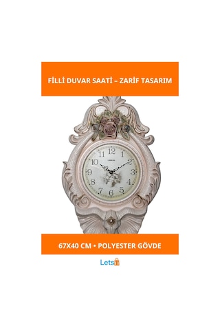 Zarif Filli Motifli Altın Gümüş Duvar Saati 67x40 Cm Çok Renkli