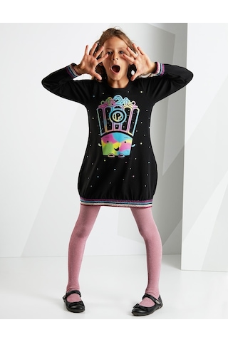 Denokids Mushi Popcorn Siyah Kız Elbise Çok Renkli