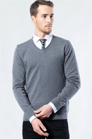 Tudors Slim Fit Dar Kesim V Yaka Pamuklu Erkek Kazak-18041 Gri