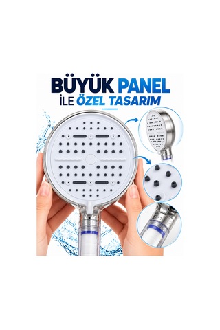 Modern Tasarımlı 6 Modlu Filtreli Duş Başlığı Büyük Panel Metalik Beyaz Duş Aparatı Metal