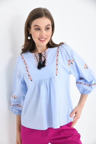 Kadın Bisiklet Yaka Balon Kol Otantik Nakış Detaylı Dokuma Bluz Bebe Mavi