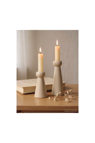 2 Lü Şamdan Biblo Luxury Set Dekoratif Obje Minimalist Ev Aksesuarı Şamdan Bej