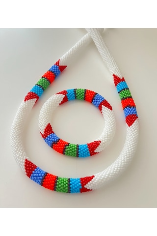 Chichibeads Saf Beyaz Renkli Boncuk Örgü Kolye Bileklik Set Beyaz - Kırmızı