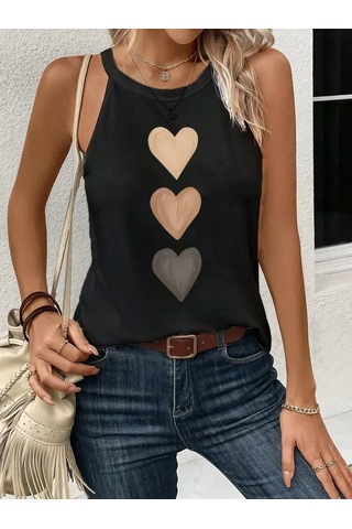 Kadın Omuzlardan Açık Boyundan Askılı Kalp Baskılı Viskon Bluz Siyah