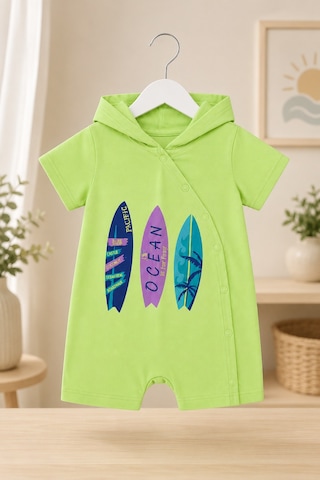 Babyhola Kapüşonlu Ocean Baskılı Kısa Kollu Unisex Bebek Tulum 10231 Yeşil