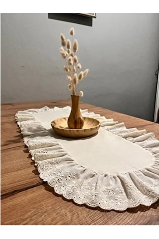 % 100 Pamuk Naturel Ham Keten Fisto Fırfırlı Oval Runner 40x110 Bej