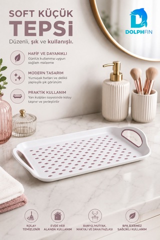 Soft Küçük Boy Kulplu Plastik Servis Tepsisi Nokta Desenli Beyaz Pudra Bpa İçermez Karışık Renk Gönderimi