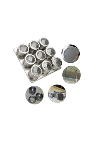 Paslanmaz Çelik Masa Üstü 9Lu Mıknatıslı Baharatlık Takımı Cin220 Gri